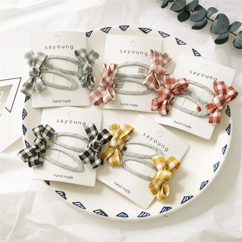 2Pc Set Bow Plaid Hair Clips