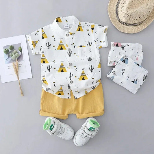 2Pcs Triangle Collar Shirt and Shorts Set