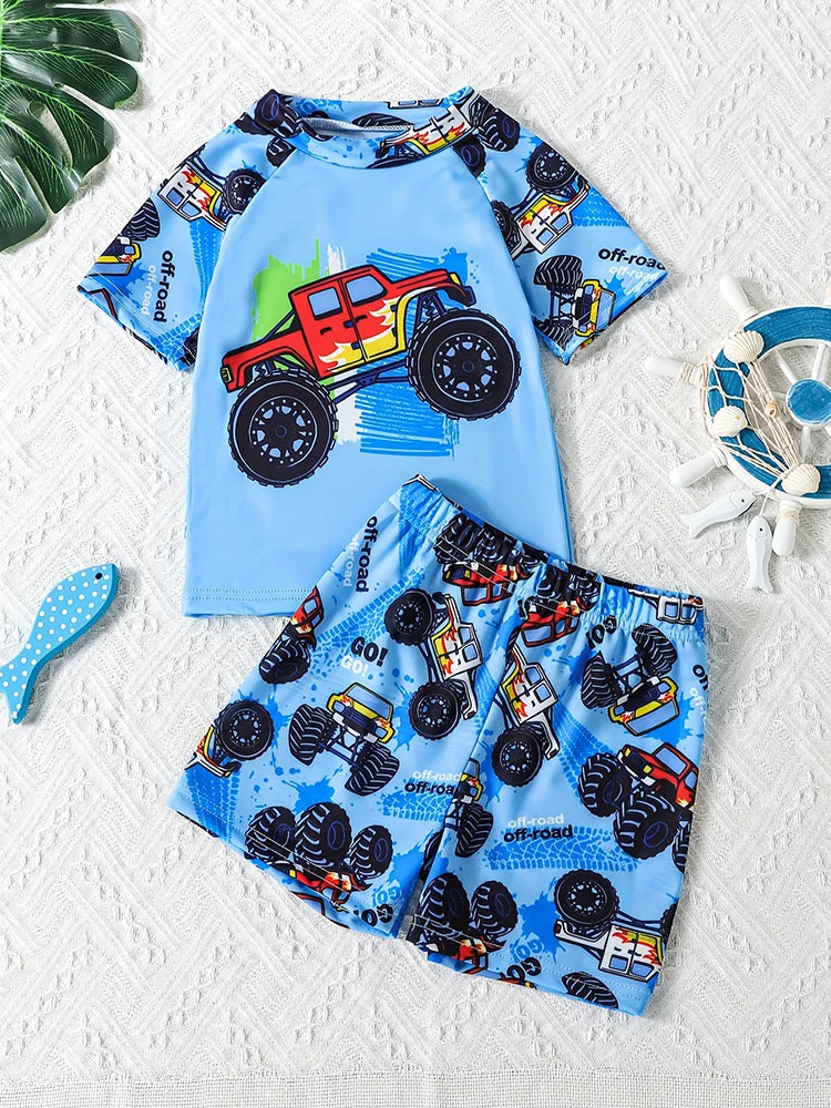 Car Print Short Sleeve Swimsuit