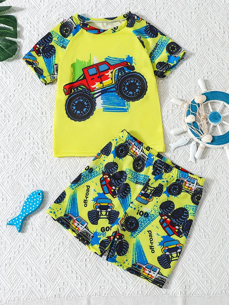 Car Print Short Sleeve Swimsuit