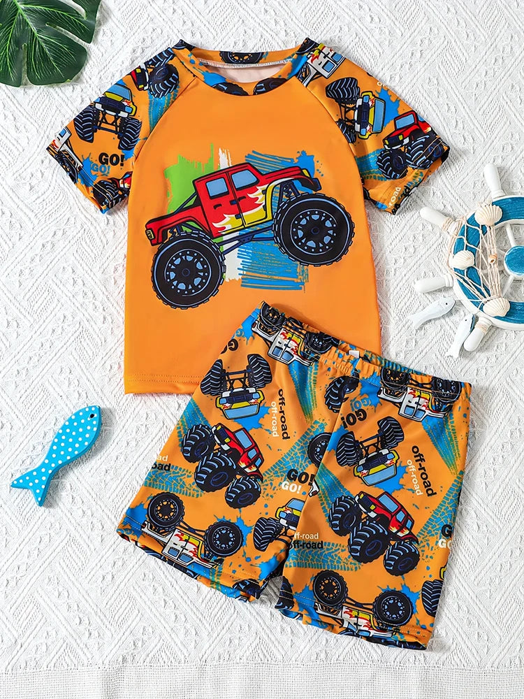 Car Print Short Sleeve Swimsuit