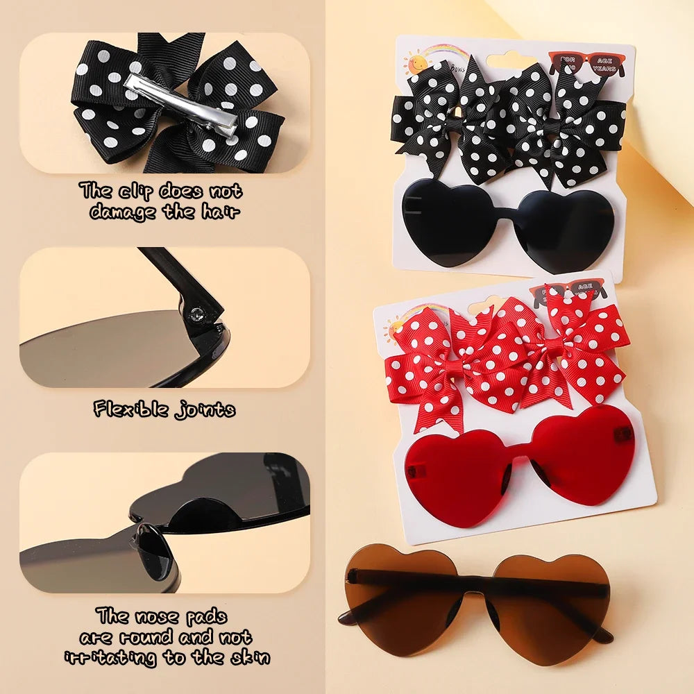 Black Polkadots Sunglasses Set with Bowknot Hair Clips