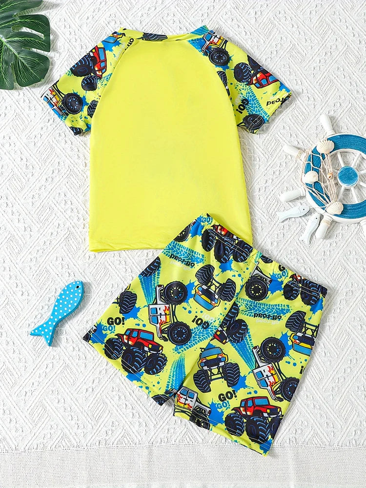 Car Print Short Sleeve Swimsuit