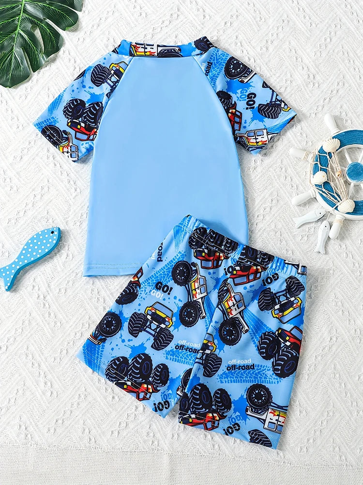 Car Print Short Sleeve Swimsuit