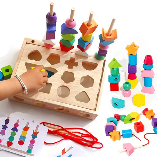 Montessori Wooden Bead Threading and Shape Sorting Set