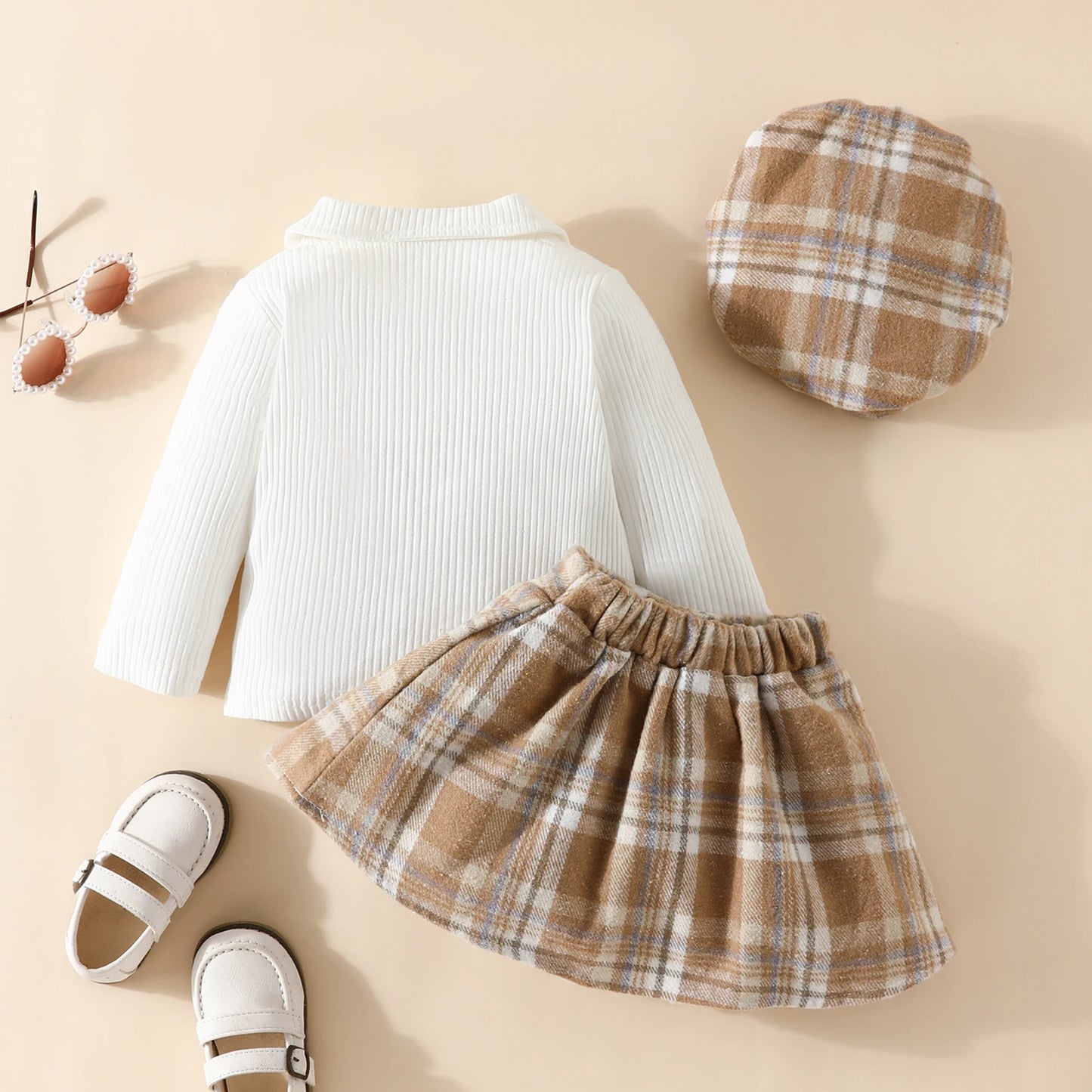 Ribbed Long Sleeve Tops & Plaid Skirt & Beret Set